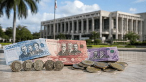 Dominican peso coins and banknotes displayed with the Banco Central de la República Dominicana in the background