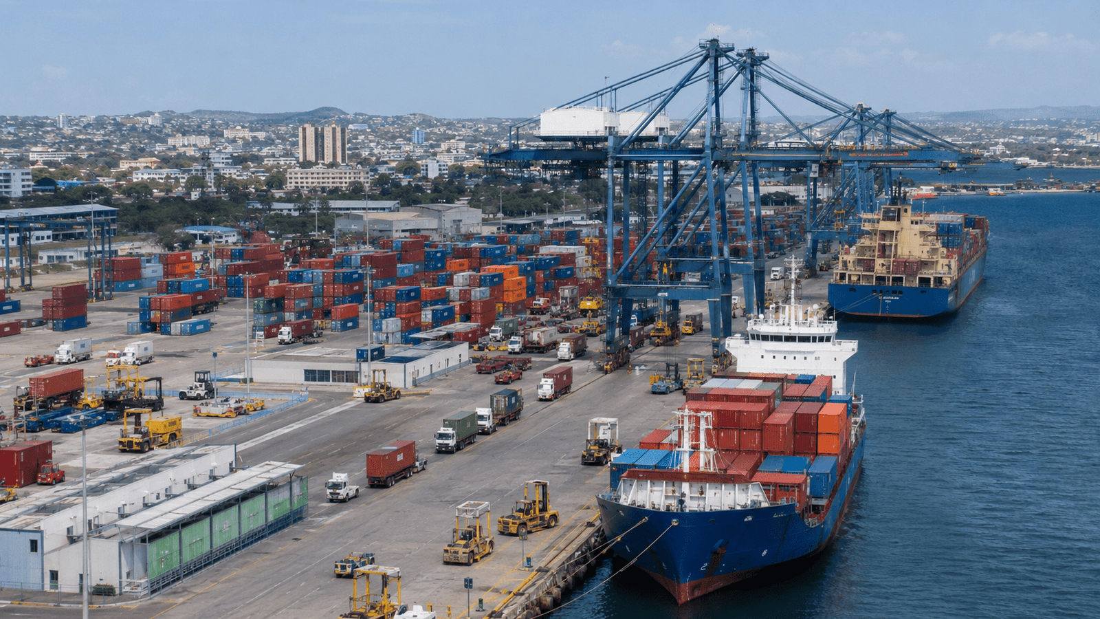 Cargo containers and ships at a Dominican Republic port supporting international exports