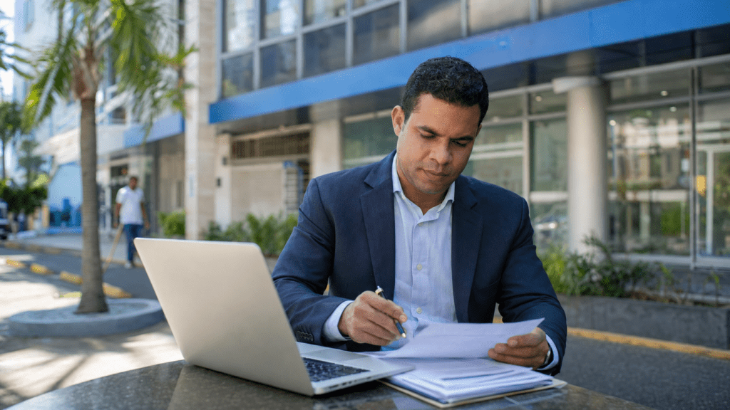 Business owner managing company finances outside a commercial bank in the Dominican Republic