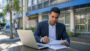 Business owner managing company finances outside a commercial bank in the Dominican Republic