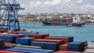 Cargo containers and commercial activity illustrating trade between the Dominican Republic and CARICOM
