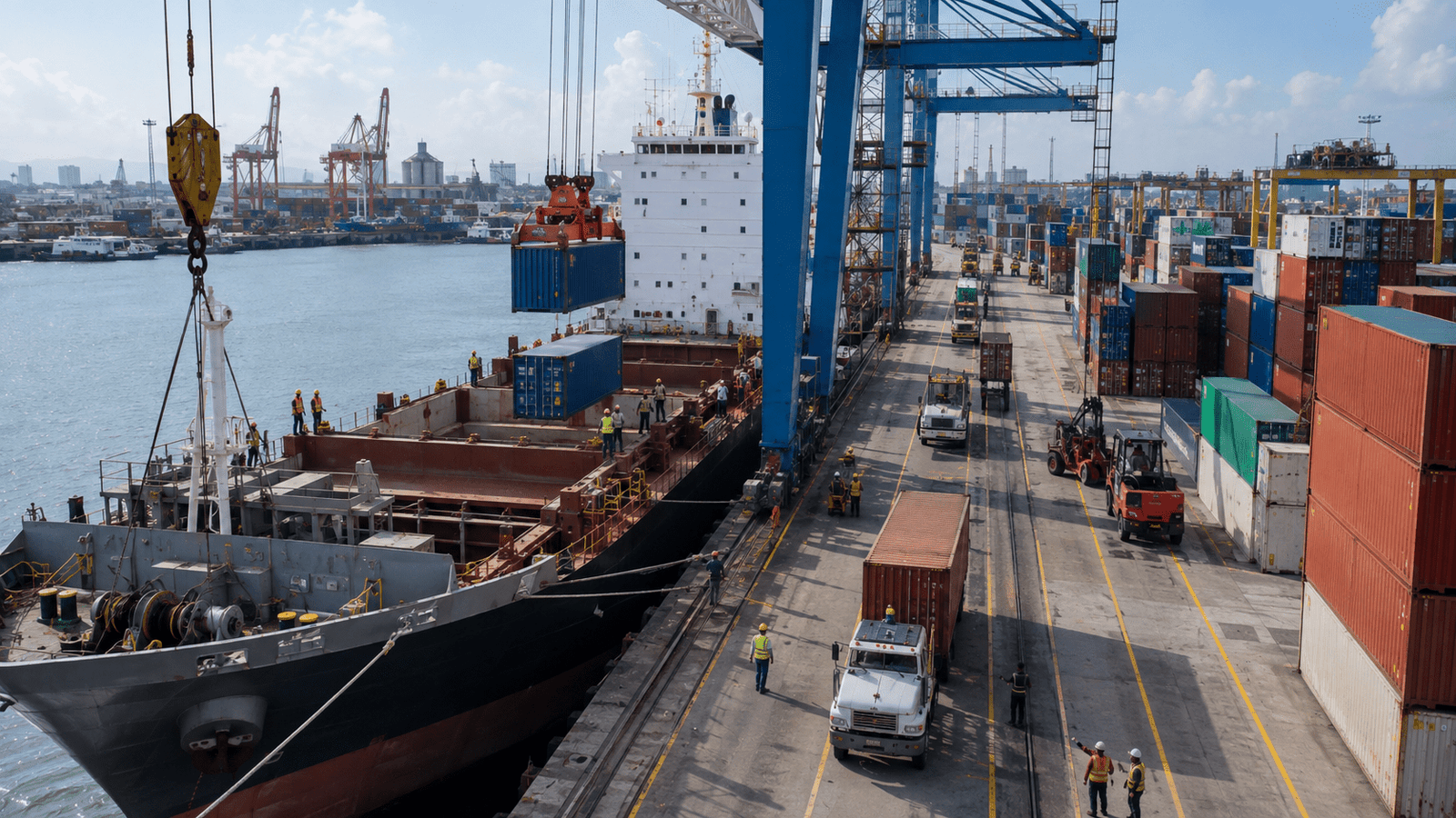 Cargo workers and containers at a Dominican Republic port