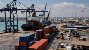 Container shipment arriving at a Dominican Republic seaport with cargo cranes, shipping containers and customs logistics operations
