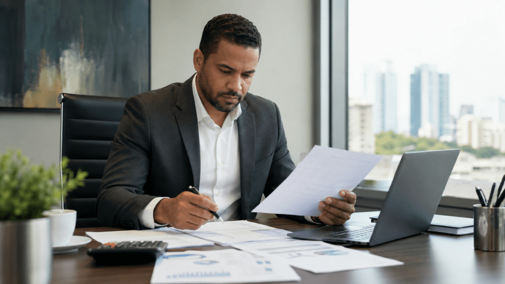 Dominican business professional reviewing corporate tax documents at an office in the Dominican Republic