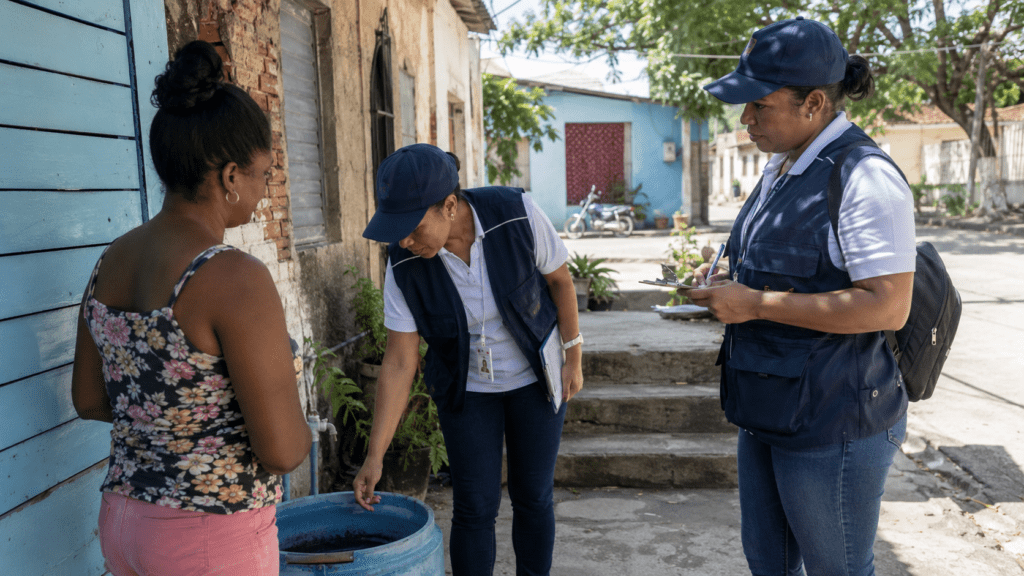 Dominican public-health workers inspect a water container for mosquito breeding sites while speaking with a resident in a residential neighborhood