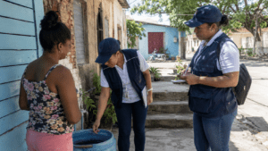 Dominican public-health workers inspect a water container for mosquito breeding sites while speaking with a resident in a residential neighborhood