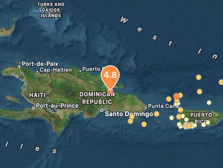 Map showing earthquake near Sánchez in northeastern Dominican Republic