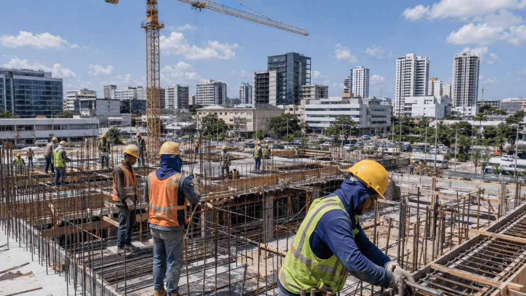 Construction workers building a major project amid modern commercial buildings and traffic in Santo Domingo