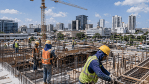 Construction workers building a major project amid modern commercial buildings and traffic in Santo Domingo
