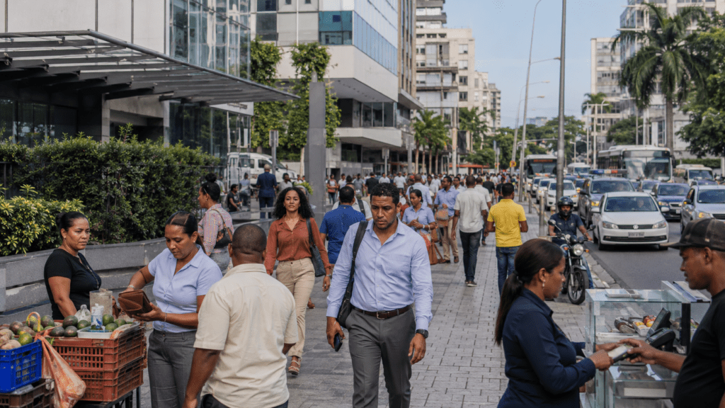 Workers, commuters, street vendors and businesses in a busy Santo Domingo commercial district, illustrating the interconnected Dominican economy