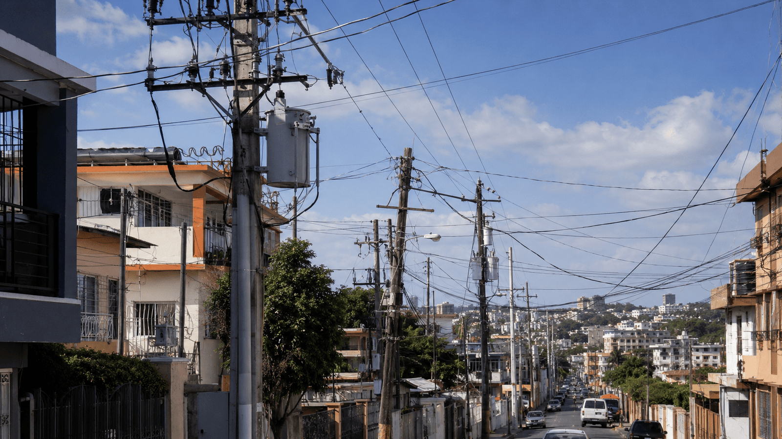 Electricity distribution infrastructure in an urban Dominican Republic neighborhood, illustrating the country's power-sector challenges