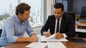 Expatriate reviewing documents with a Dominican lawyer before signing a contract