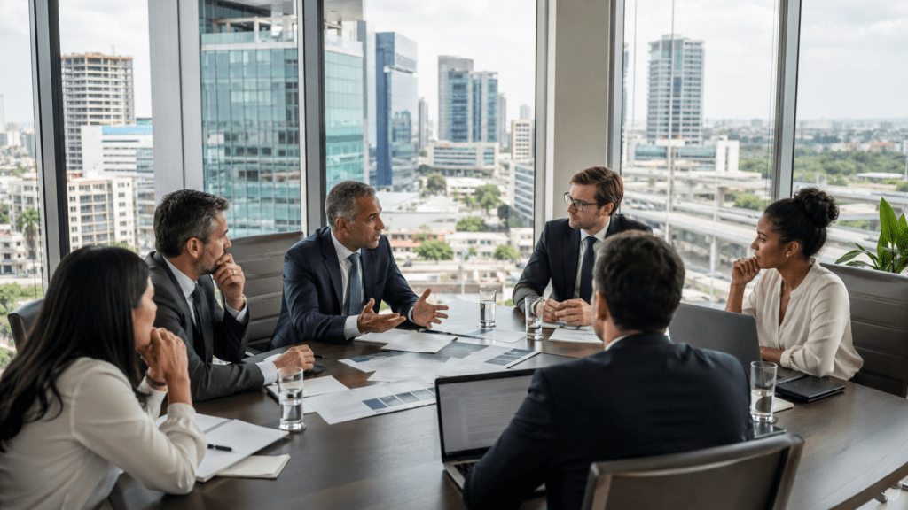 International investors and Dominican business professionals meeting in Santo Domingo's modern business district