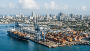 Container terminal and modern business district in the Dominican Republic representing foreign investment and trade