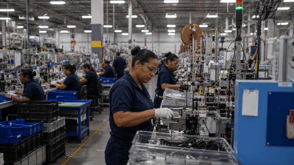 Dominican workers operating precision machinery