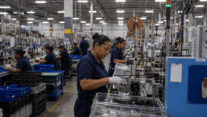Dominican workers operating precision machinery