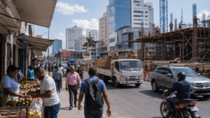 Workers, street commerce, transportation and construction activity in Santo Domingo illustrating the diverse economic output of the Dominican Republic