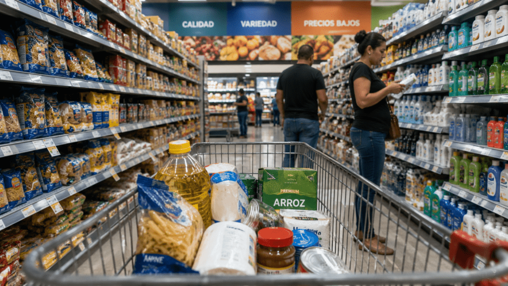 Shoppers and imported goods in a Dominican Republic supermarket