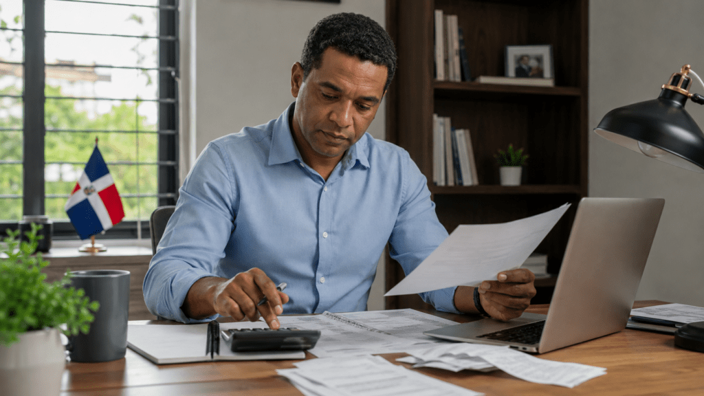 Taxpayer reviewing income tax documents in the Dominican Republic