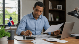 Taxpayer reviewing income tax documents in the Dominican Republic