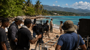 Film crew filming in a Dominican Republic tropical location, illustrating the country's role as an international production destination