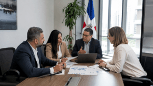 Dominican business professionals and an international trade specialist reviewing trade documents and market reports in a Santo Domingo office