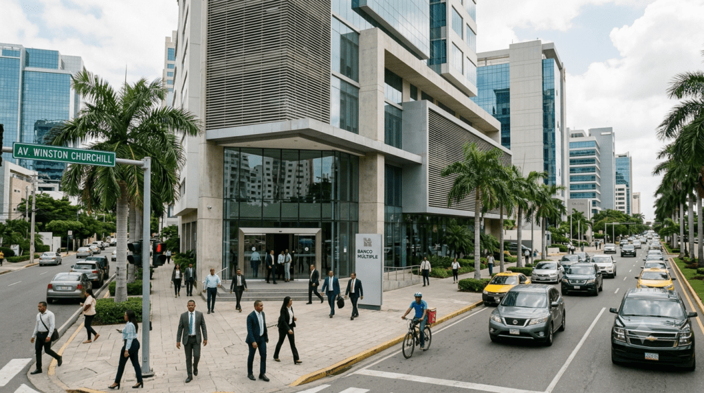 Modern skyline of Santo Domingo with a prominent Dominican bank branch representing the country's banking sector.