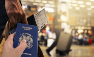 Dominican immigration officials conducting passenger checks at an international airport