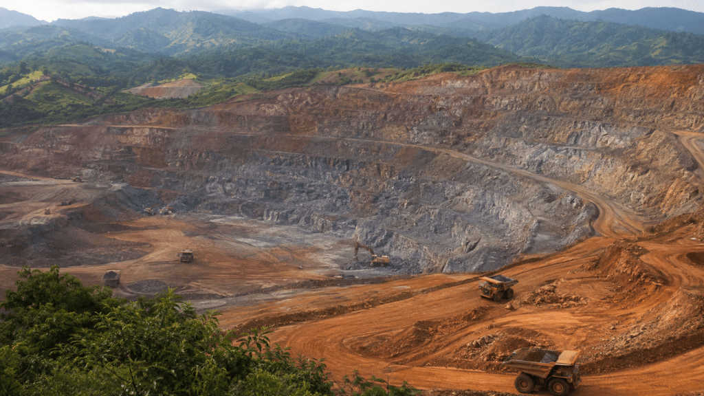 Open-pit mining operation in the Dominican Republic with heavy machinery and exposed mineral-rich rock