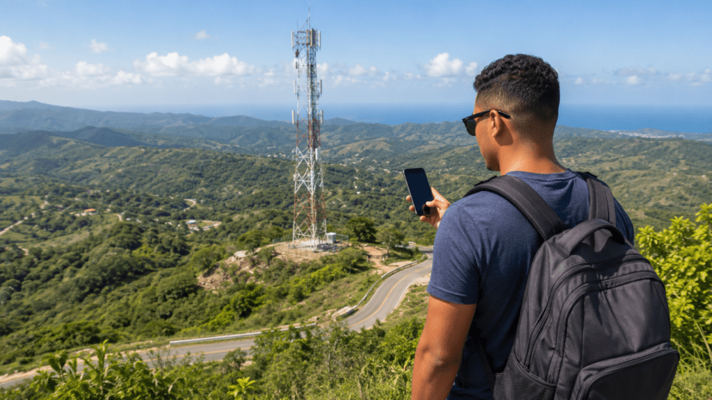 Mobile phone user comparing network coverage in the Dominican Republic with a cell tower in the background