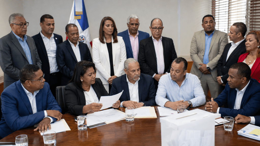 Political party leaders and representatives gather during an electoral alliance meeting in the Dominican Republic