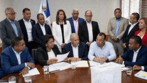 Political party leaders and representatives gather during an electoral alliance meeting in the Dominican Republic