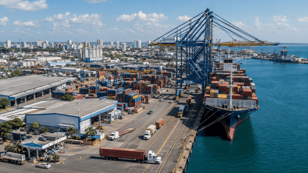 Aerial view of a busy Dominican Republic container port with cargo ships, cranes, warehouses