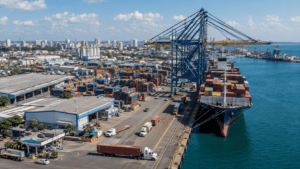 Aerial view of a busy Dominican Republic container port with cargo ships, cranes, warehouses