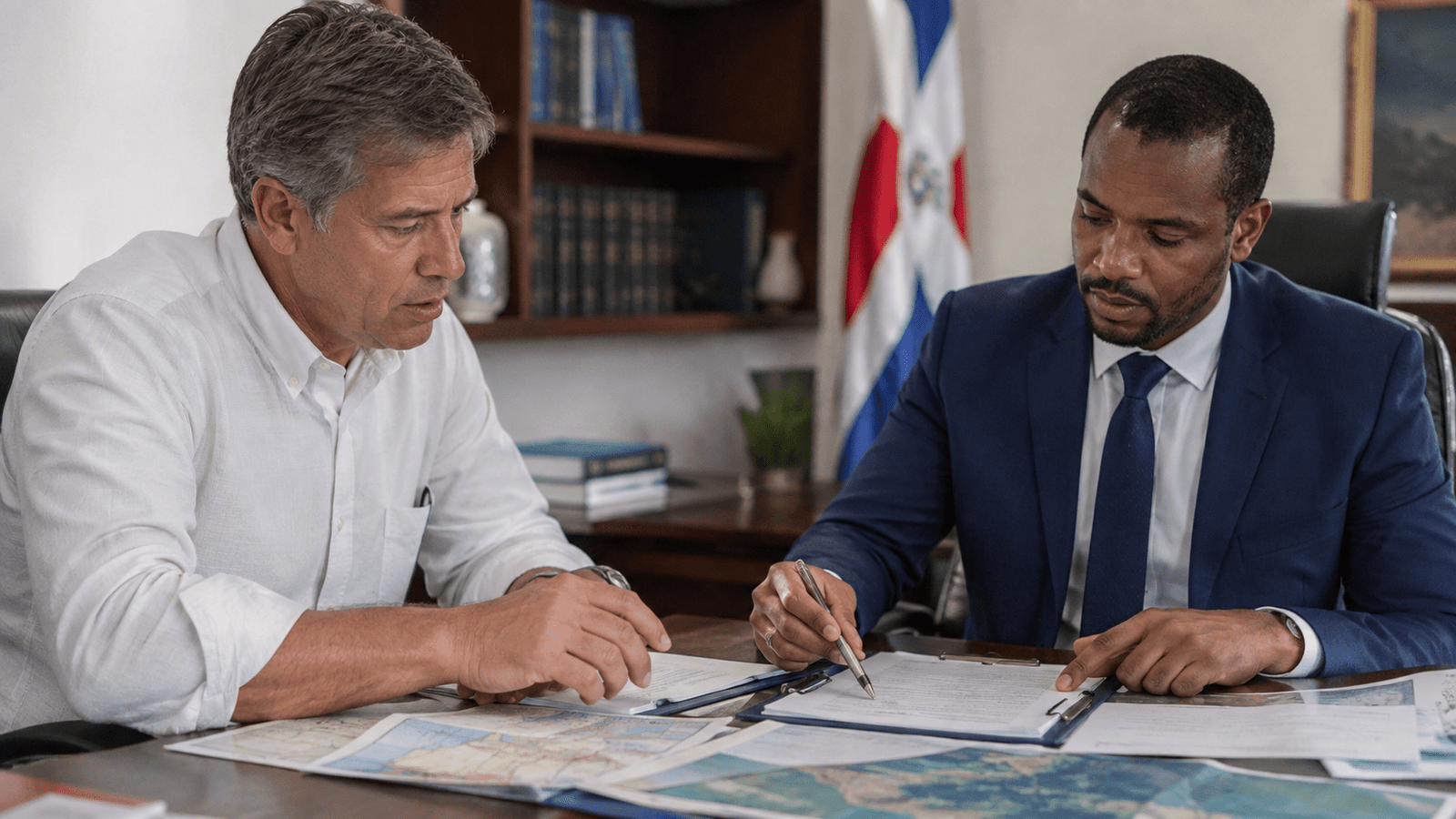 Lawyer verifying Dominican property documents with a client