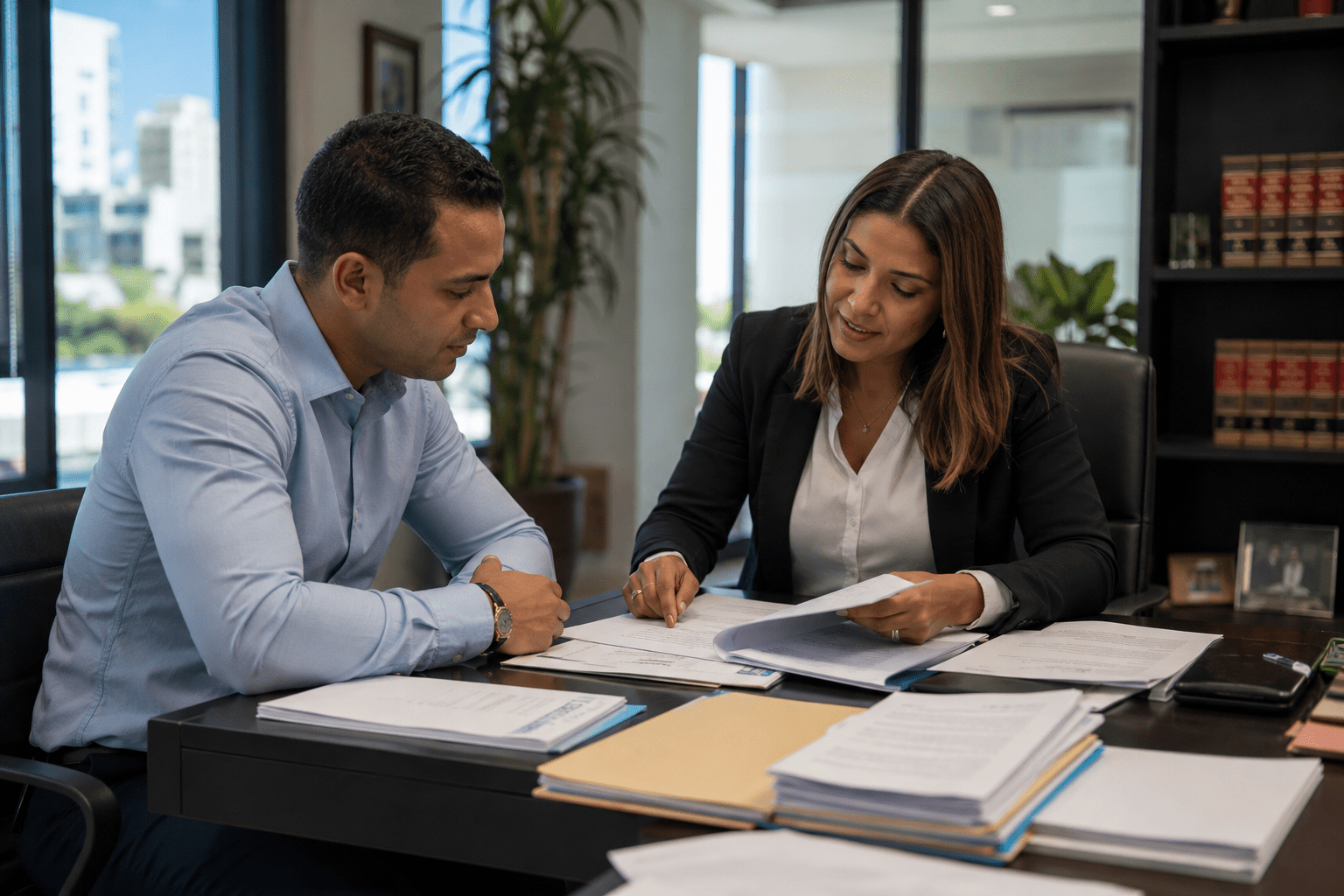 Property buyers reviewing documents during a real estate transaction in the Dominican Republic