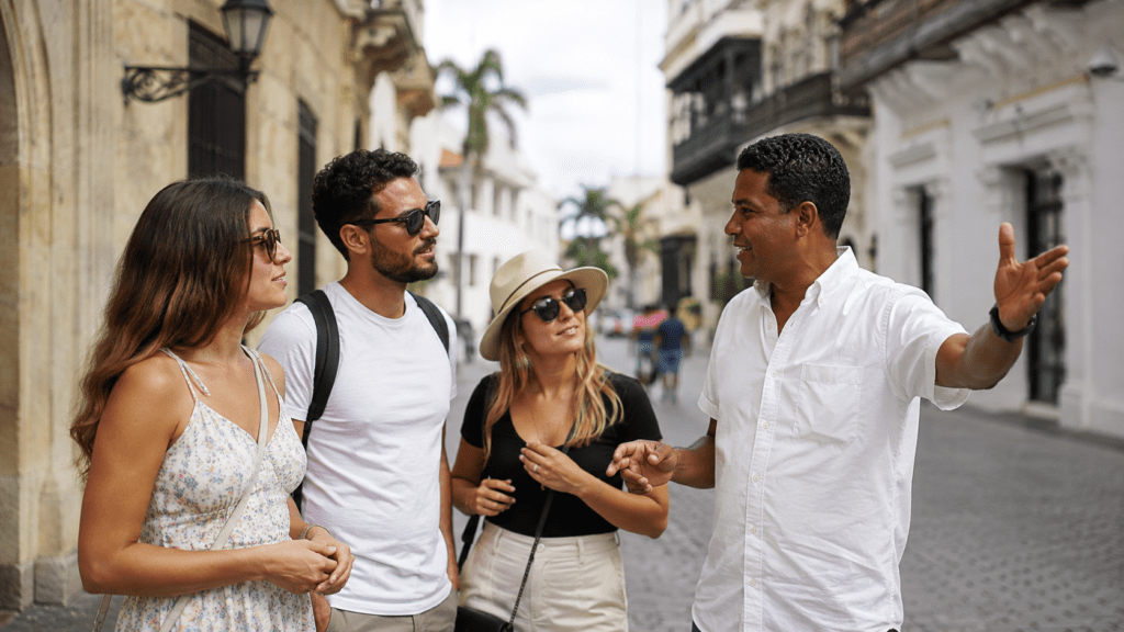 Tourists speaking with a Dominican local in a welcoming street setting in Santo Domingo