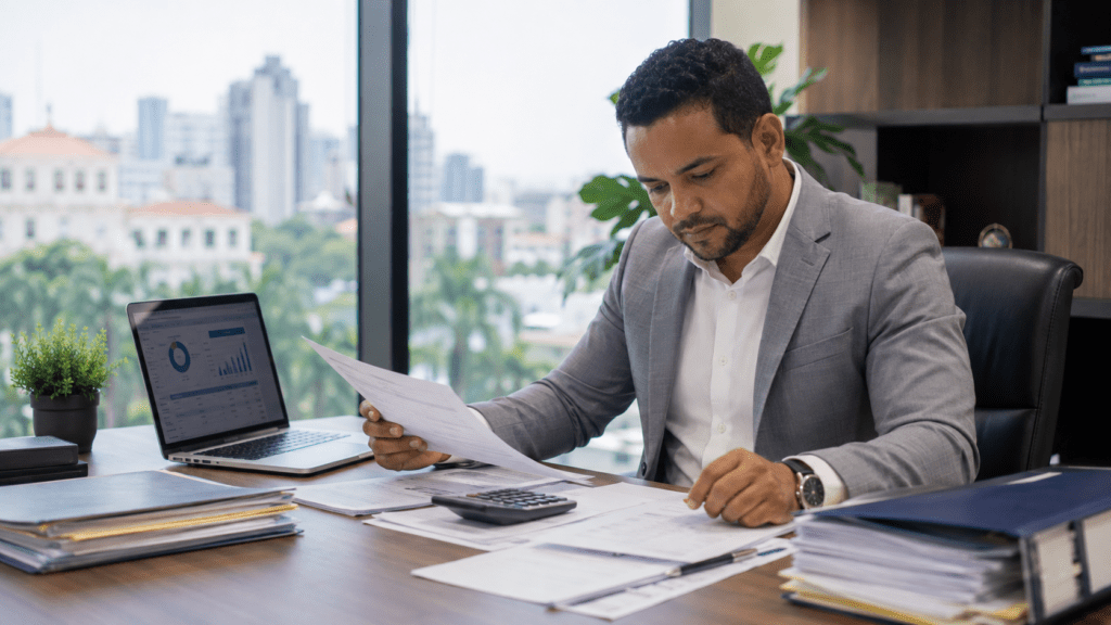 Dominican business professional reviewing tax compliance records and invoices