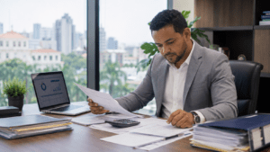 Dominican business professional reviewing tax compliance records and invoices