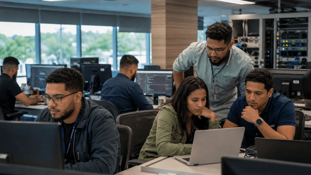 Dominican technology professionals working in a modern digital services office