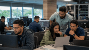 Dominican technology professionals working in a modern digital services office