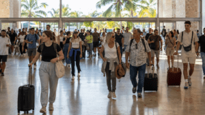 International tourists arriving at Punta Cana International Airport in the Dominican Republic