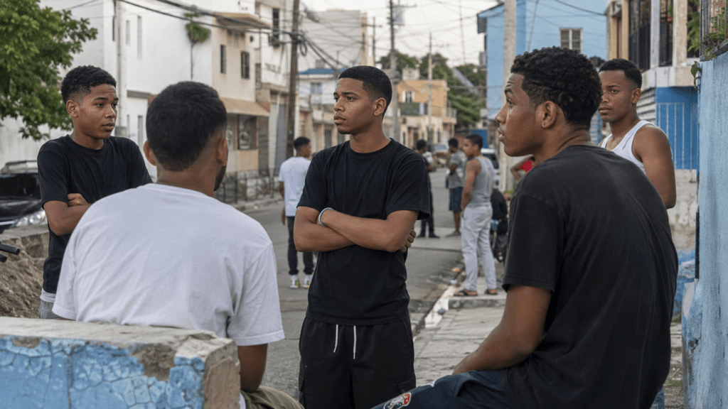 Young Dominican men in an urban neighborhood in Santo Domingo, illustrating the disproportionate impact of homicides on people ages 15 to 35