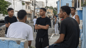 Young Dominican men in an urban neighborhood in Santo Domingo, illustrating the disproportionate impact of homicides on people ages 15 to 35