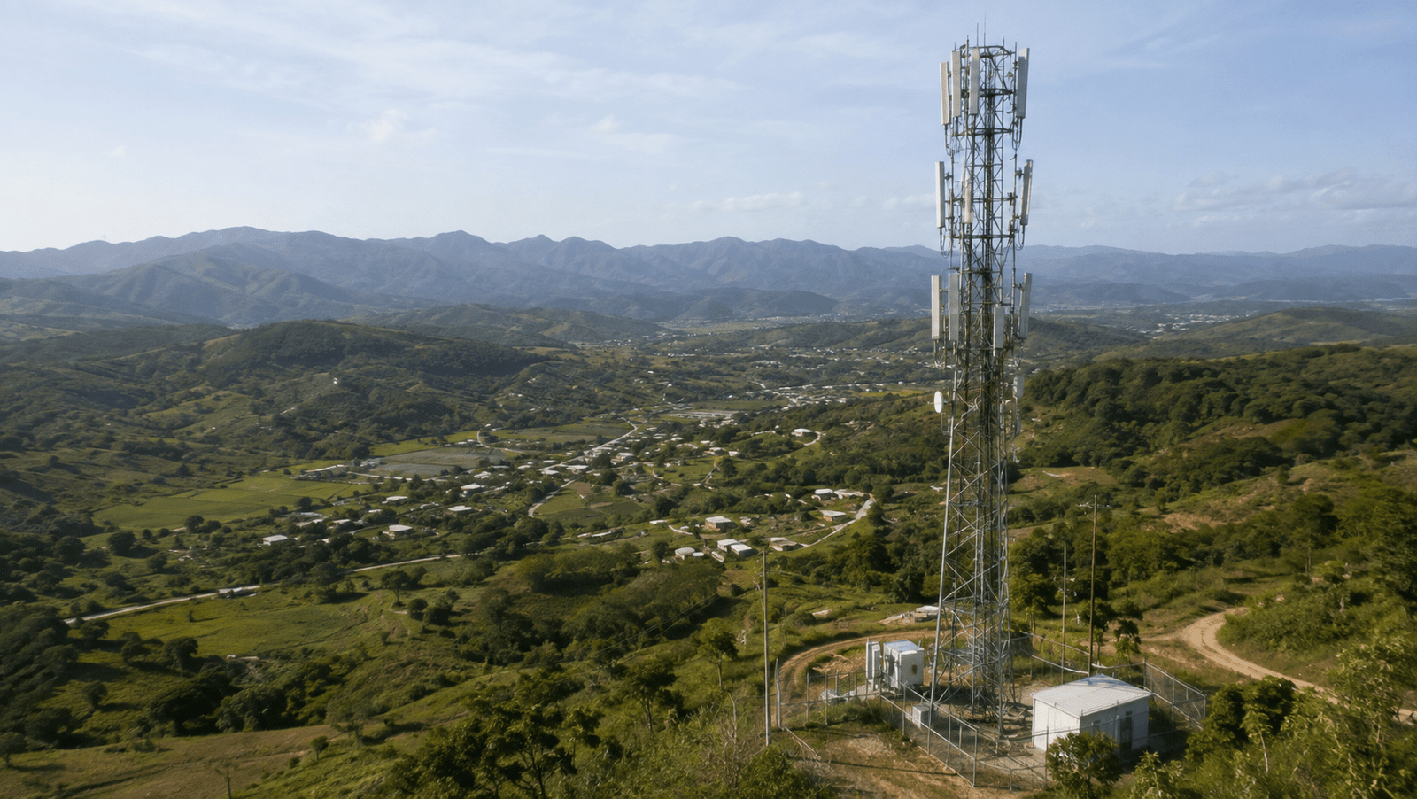 Telecommunications tower providing mobile coverage in a rural area of the Dominican Republic