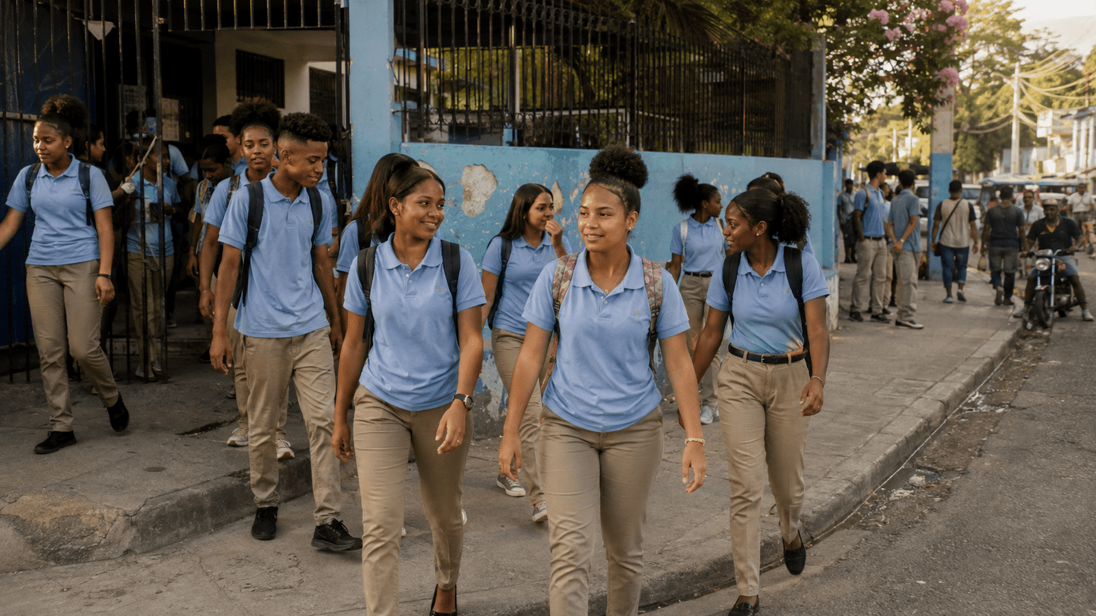Dominican students leaving a public school after an extended school day