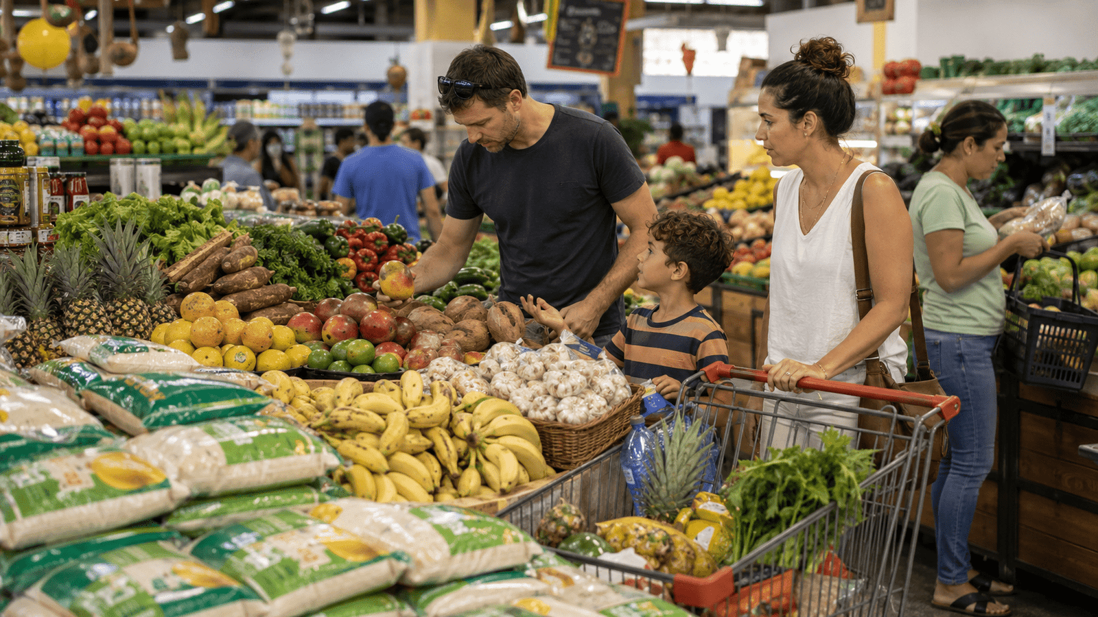 Shoppers buying fresh local produce in a Dominican supermarket