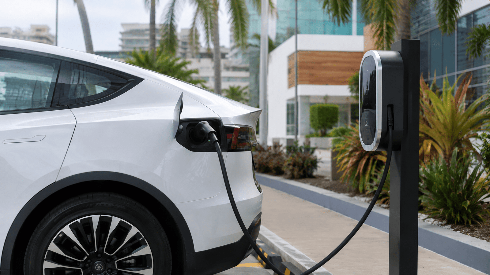 Electric vehicle charging at a public station in the Dominican Republic