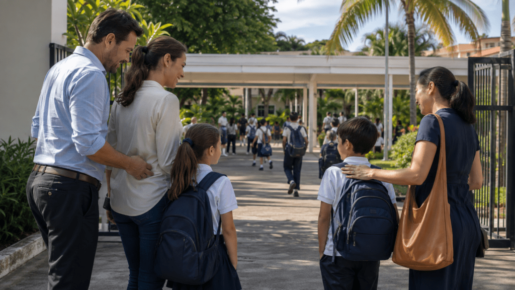 International school students and parents arriving at a school in the Dominican Republic