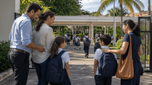 International school students and parents arriving at a school in the Dominican Republic